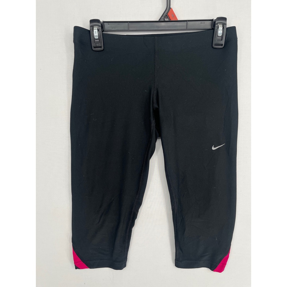 Nike Dri-FIT Womens Running Leggings Crop Black Pink Zipper Pocket Size S
